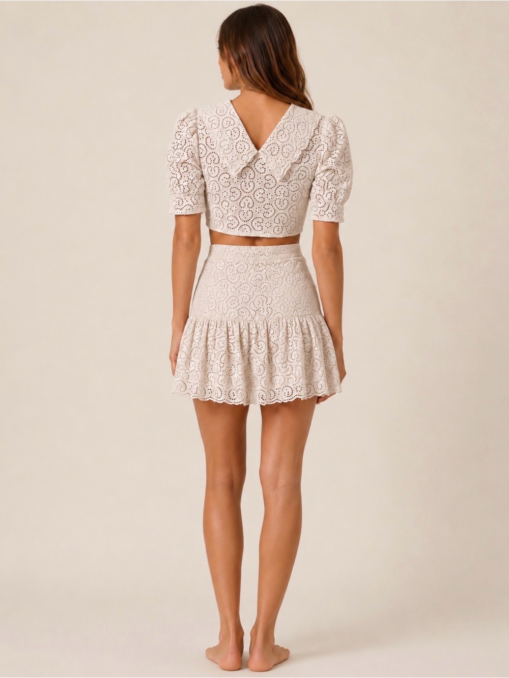 Sandro Cream Blush Eyelet Cropped Top & Mini Skirt Set Scalloped Small - Picture 4 of 15